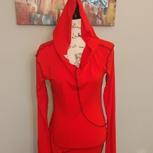 Red Hooded Long Sleeve Top